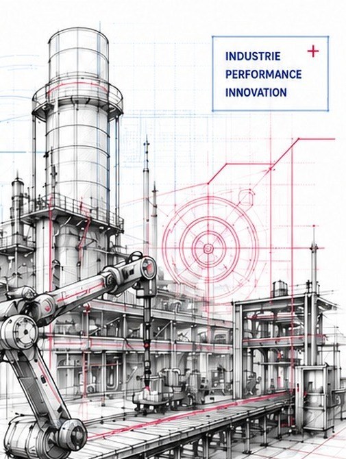 Croquis industriel technique extrait du flyer OMNIATEC : robot, ligne de production, installation et repères de performance