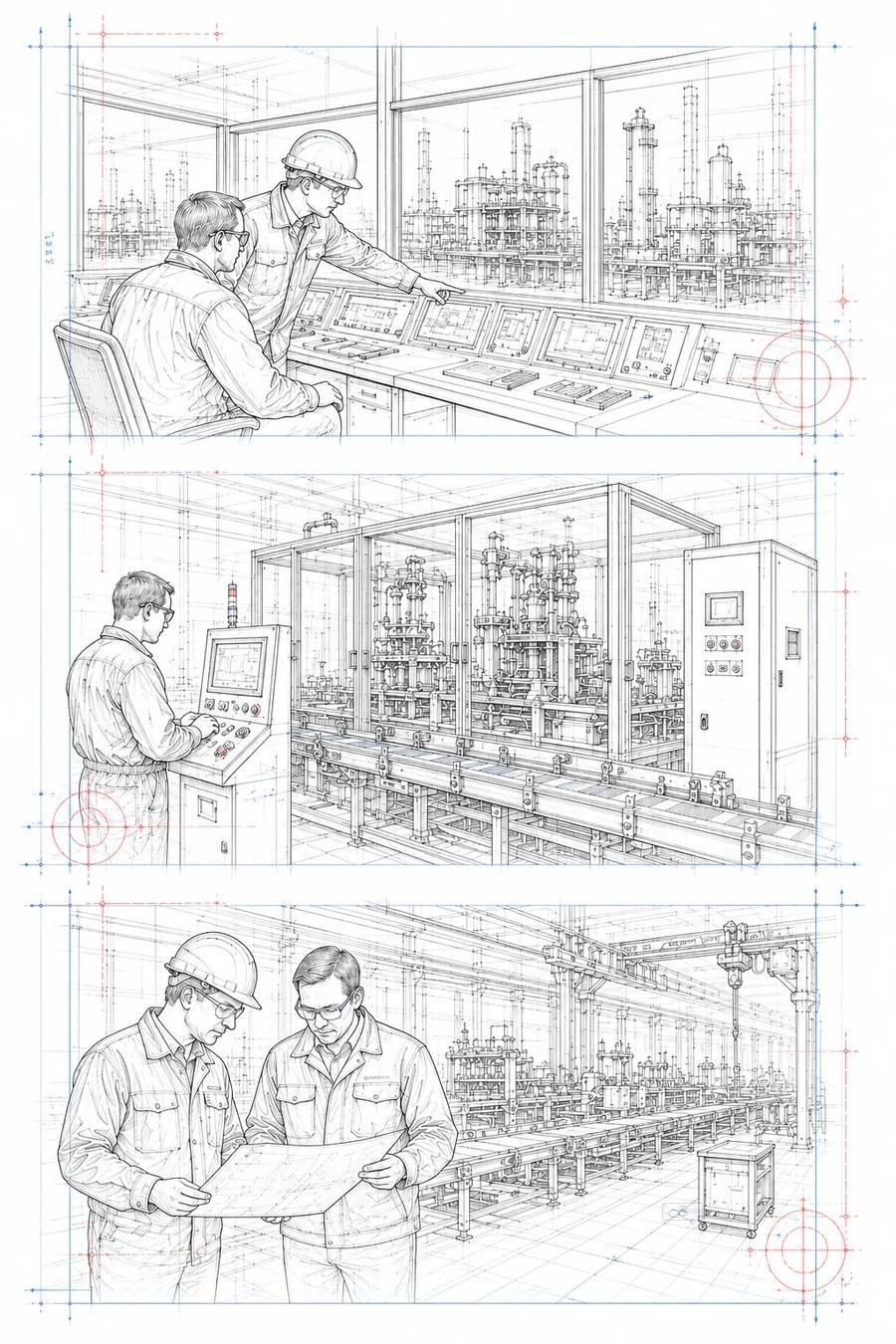 Croquis industriel OMNIATEC : supervision, intervention terrain, installation industrielle et lecture plan technique